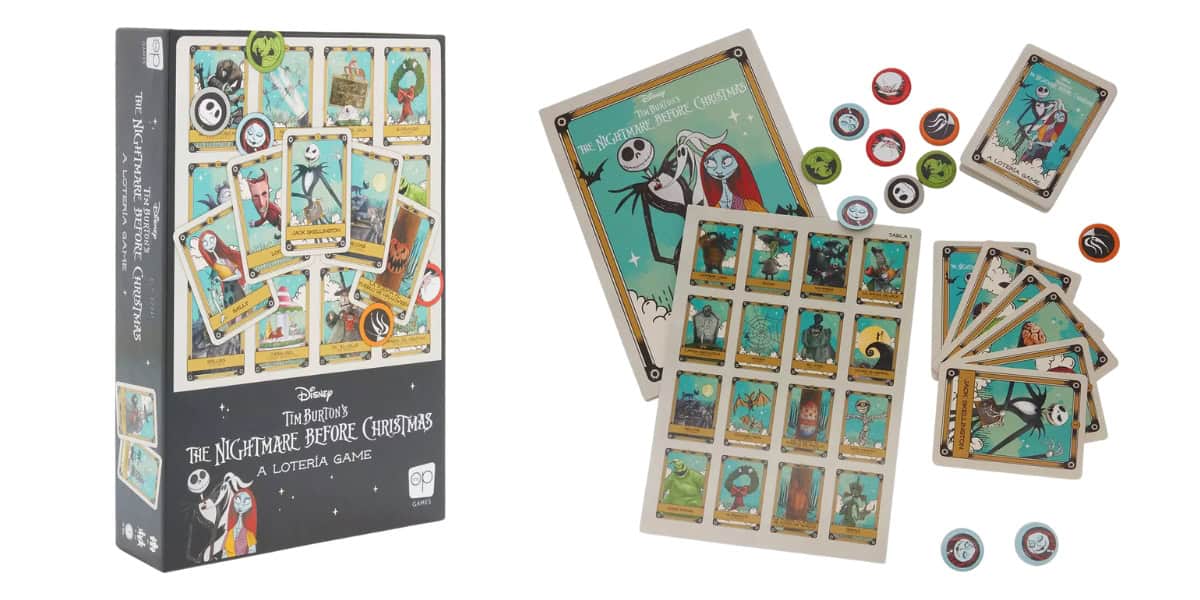 The Nightmare Before Christmas" themed board game is shown. The game box and its contents, including cards featuring characters and various tokens, are neatly displayed.
