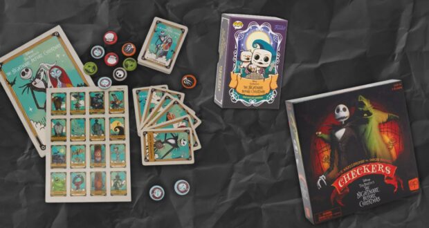Assorted board game pieces themed around a spooky, animated movie. Includes cards, small gaming tokens, a rulebook, and a game box featuring a skeleton character in a suit. The background is a textured, dark surface.