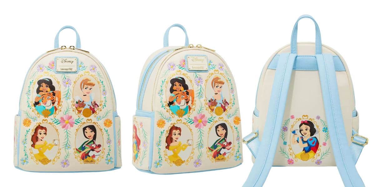 A small cream-colored backpack featuring illustrations of princesses surrounded by flowers. The backpack has light blue trim and straps, with three different views shown: front, side, and back.