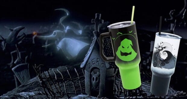 Two Halloween-themed cups with spooky designs are in the foreground. The background features a dark, eerie graveyard scene with a ghostly figure and a gravestone marked "Zero.