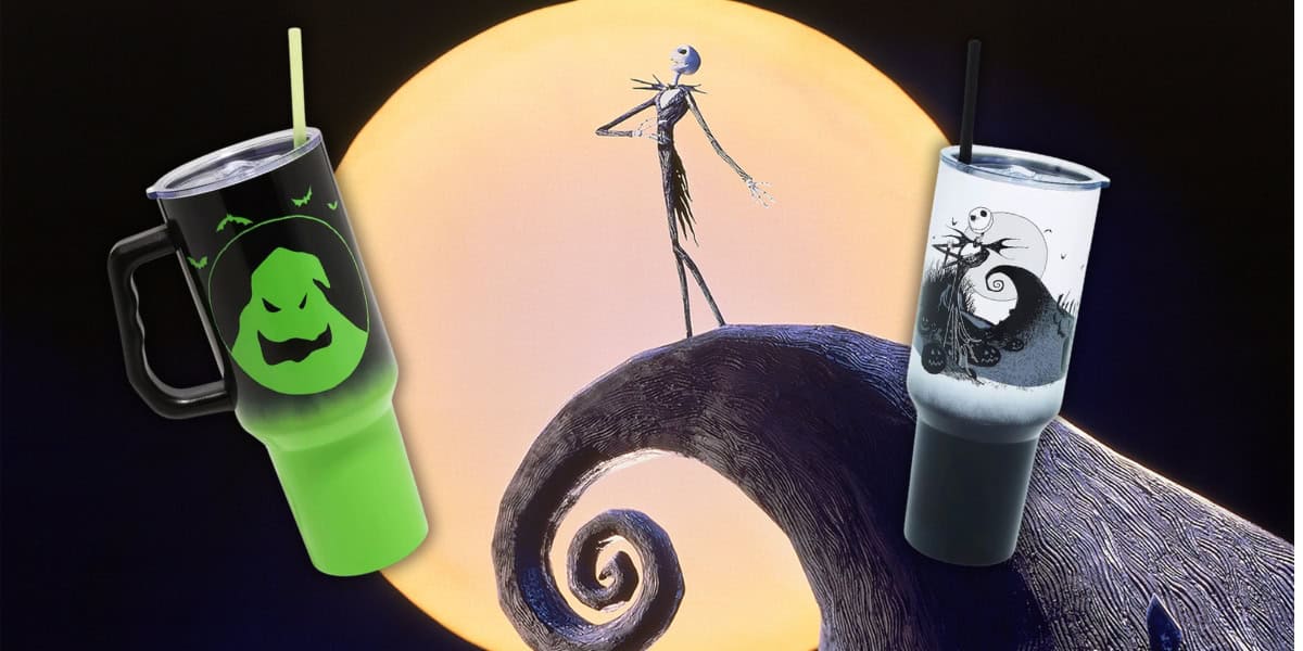 A stylized character stands on a curling hill against a large, glowing moon. Two tumblers with straws are superimposed; one green with a ghost face and the other white with a scene from the same style of art.