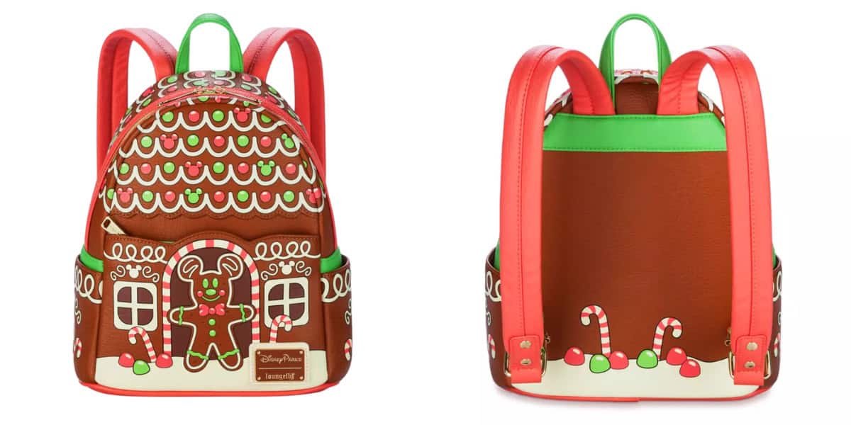 A festive backpack with a gingerbread house design, featuring red, green, and brown colors. The front has a gingerbread man and candy cane patterns, while the back is plain with red straps.