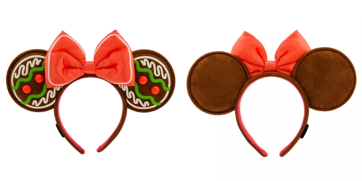 Two headbands with Disney-inspired ears: one with gingerbread cookie ears decorated with icing and a large red bow, and the other with plain brown ears and a large red bow, both on a white background.