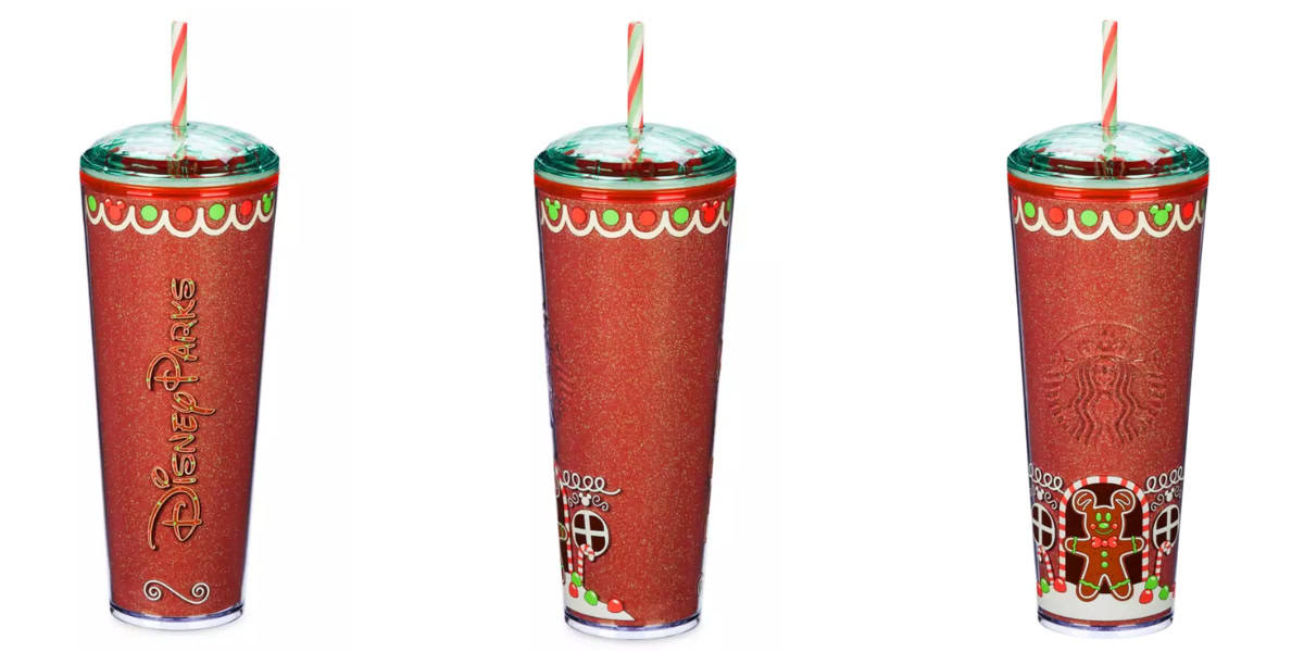 Three views of a festive Disney tumbler: a front view with "Disney Parks" in gold, a side view featuring a gingerbread house, and a back view showcasing a gingerbread man. The tumbler comes with a green lid and is complemented by a red-and-white striped straw.