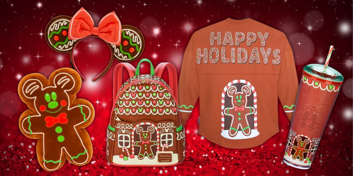 A festive holiday-themed collection featuring Disney-inspired gingerbread designs. Includes a gingerbread man cookie, a backpack, a "Happy Holidays" sweater, a tumbler, and a headband with bows and peppermint details against a sparkling red background.