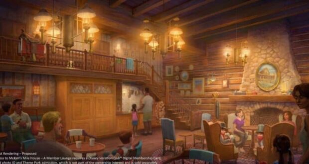 Illustration of a cozy lodge interior with wooden beams and a stone fireplace. Families and children enjoy the warm atmosphere. A staircase leads to a loft area. Soft lighting and rustic decor create a welcoming environment.
