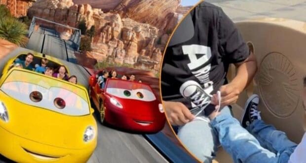 A family rides in colorful cars on a roller coaster, set against a backdrop of rocky mountains. A child on the ride is wearing sneakers, and an adult is tying their shoelace.