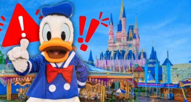 Donald Duck, wearing a blue sailor outfit and red bow tie, gestures with one hand raised in front of a colorful castle. Red exclamation marks and a warning triangle are overlaid on the image.