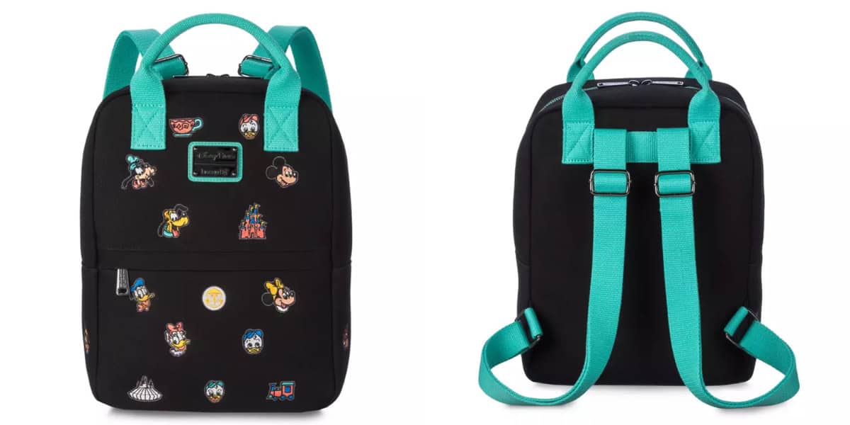 Front and back view of a black backpack with teal straps. The front is decorated with colorful cartoon character patches, including Mickey Mouse and Goofy. The back shows adjustable shoulder straps and a top handle.