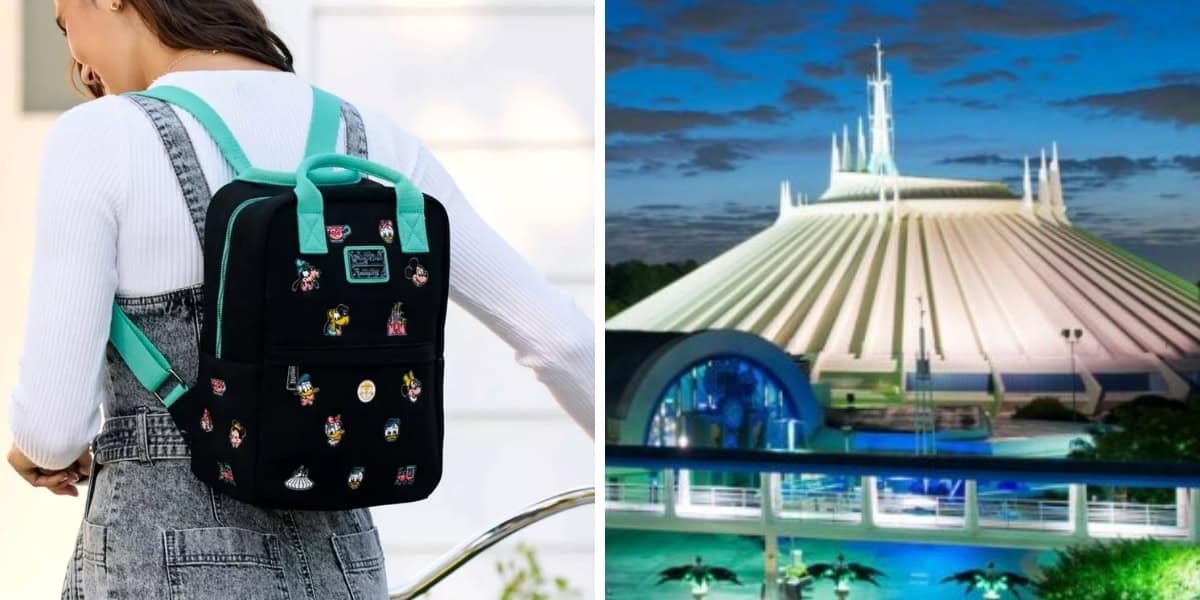 Left side: A person wearing a black backpack with colorful badges over denim overalls and a white shirt. Right side: A nighttime view of an illuminated futuristic building with a spire and surrounding landscape.