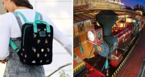 Left image: A person wearing a black backpack adorned with colorful pins, featuring teal accents. Right image: A brightly lit vintage train, marked with the number 4, at a station platform under warm, ambient lighting.
