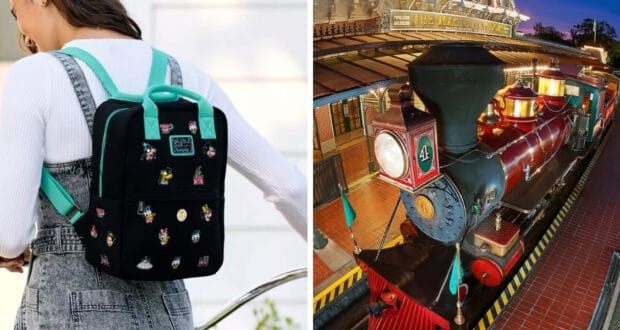 Left image: A person wearing a black backpack adorned with colorful pins, featuring teal accents. Right image: A brightly lit vintage train, marked with the number 4, at a station platform under warm, ambient lighting.