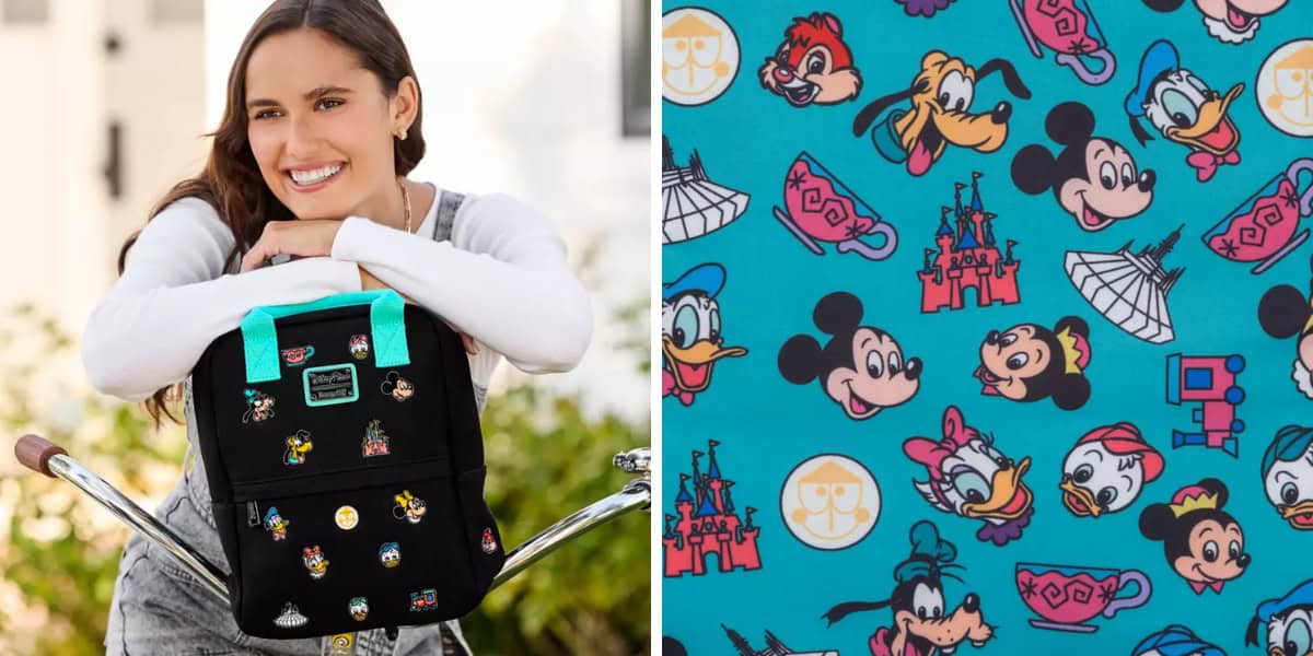 A person smiles while resting on a bike handle, holding a black backpack adorned with colorful character patches. To the right, a close-up of a bright blue fabric featuring various illustrated cartoon characters in vibrant colors.