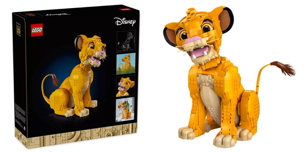 The image shows a LEGO set box and a built LEGO model of a lion cub. The lion has a playful expression with a pink nose and a tufted tail. The box has Disney and LEGO branding, featuring images of the completed model.