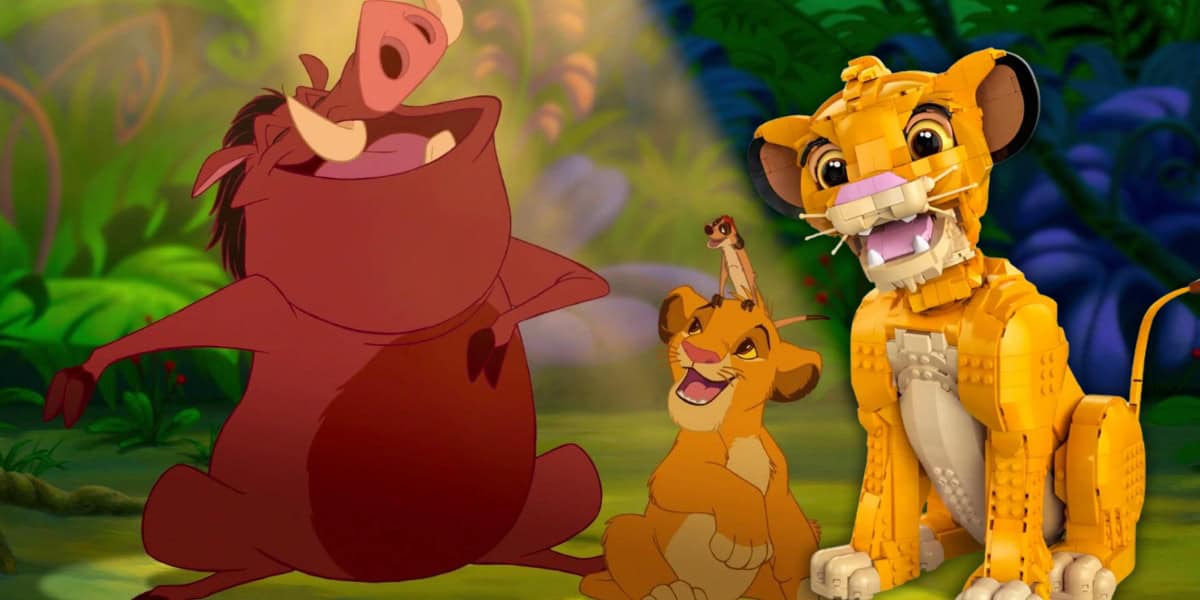 A vibrant scene featuring an animated warthog and meerkat happily singing with a lion cub. Nearby, a Lego lion cub model sits on the lush jungle floor, surrounded by dense green foliage.