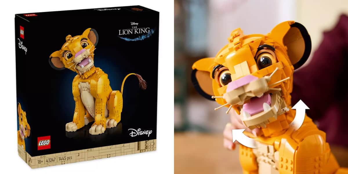 The image shows a LEGO set box featuring Simba from Disney's "The Lion King" on the left and a close-up of the assembled Simba model on the right. The model showcases adjustable neck and head movement.