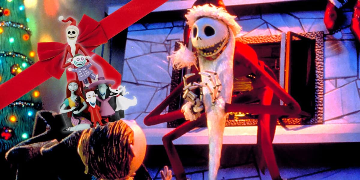 A festive scene featuring a skeleton in a Santa outfit sitting by a fireplace, with Christmas decorations in the background. A group of animated characters is playfully posed on a red ribbon in the foreground.