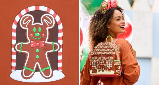 On the left, a gingerbread character with candy decorations. On the right, a person with curly hair, wearing gingerbread-themed headband and backpack, smiling over their shoulder. The scene is festive and colorful.