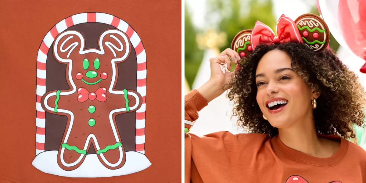 Left: Illustration of a gingerbread cookie with green, red, and white icing, set against a festive arch. Right: A person wearing a headband with gingerbread decorations and a matching top, smiling outdoors.