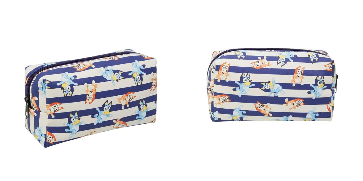 Two rectangular pouches with blue and white stripes, featuring cartoon dogs in various playful poses. Both pouches are zipped and angled slightly differently, showcasing the design.