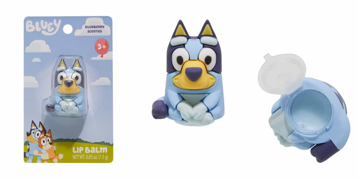 A Bluey-themed blueberry-scented lip balm for ages 3 and up. The packaging shows a cartoon dog in front and includes a container shaped like the character, with its lid open to reveal the balm inside.