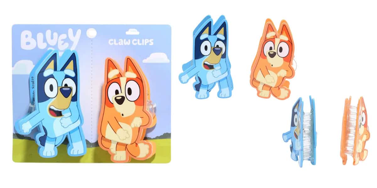 Packaging for "Bluey" claw clips featuring two cartoon dog characters, one blue and one orange. The package is open, with clips shown separately on the right. The background is light with clouds and green grass.