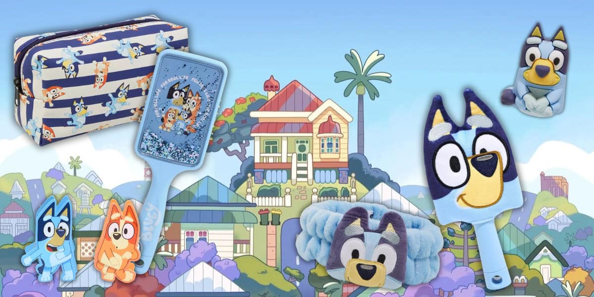 A collection of "Bluey" merchandise is displayed against a colorful cartoon house background. Items include a striped pencil case, toys, and accessories featuring characters from the show, all in bright, playful colors.