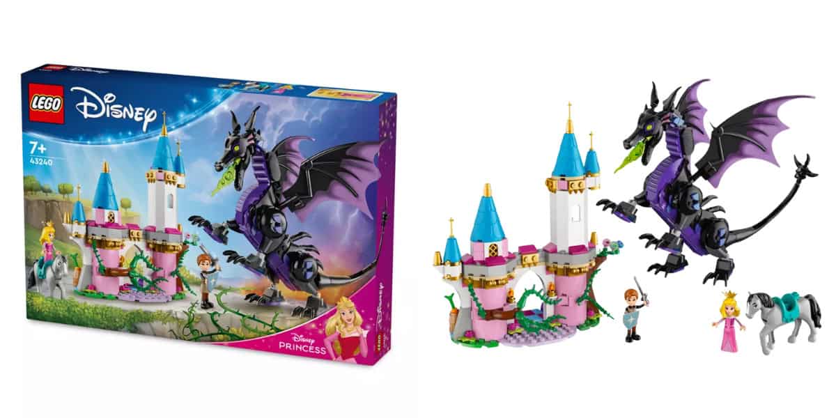 LEGO Disney Princess set featuring a castle with pink towers and a large dragon with purple wings. Includes mini-figures of a princess, a prince, and a horse. Set is for ages 7 and up. Box on the left, assembled set on the right.
