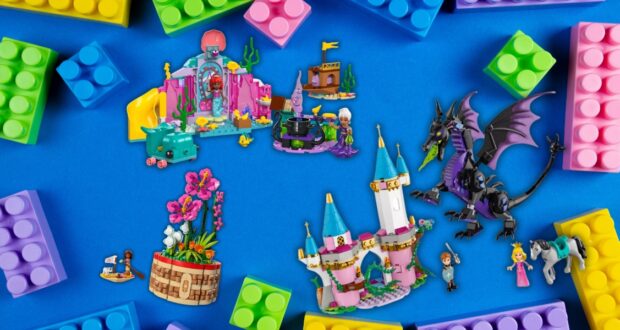 A colorful display of various LEGO sets on a blue background, featuring a castle, a dragon, flowers, and small characters surrounded by large, colorful LEGO bricks in purple, yellow, blue, and green.