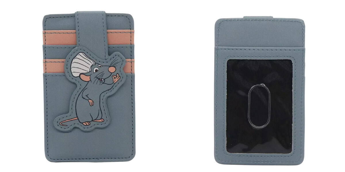 Front and back view of a gray cardholder. The front features a cartoon mouse with large ears and a smile, along with three card slots. The back has a transparent ID slot.