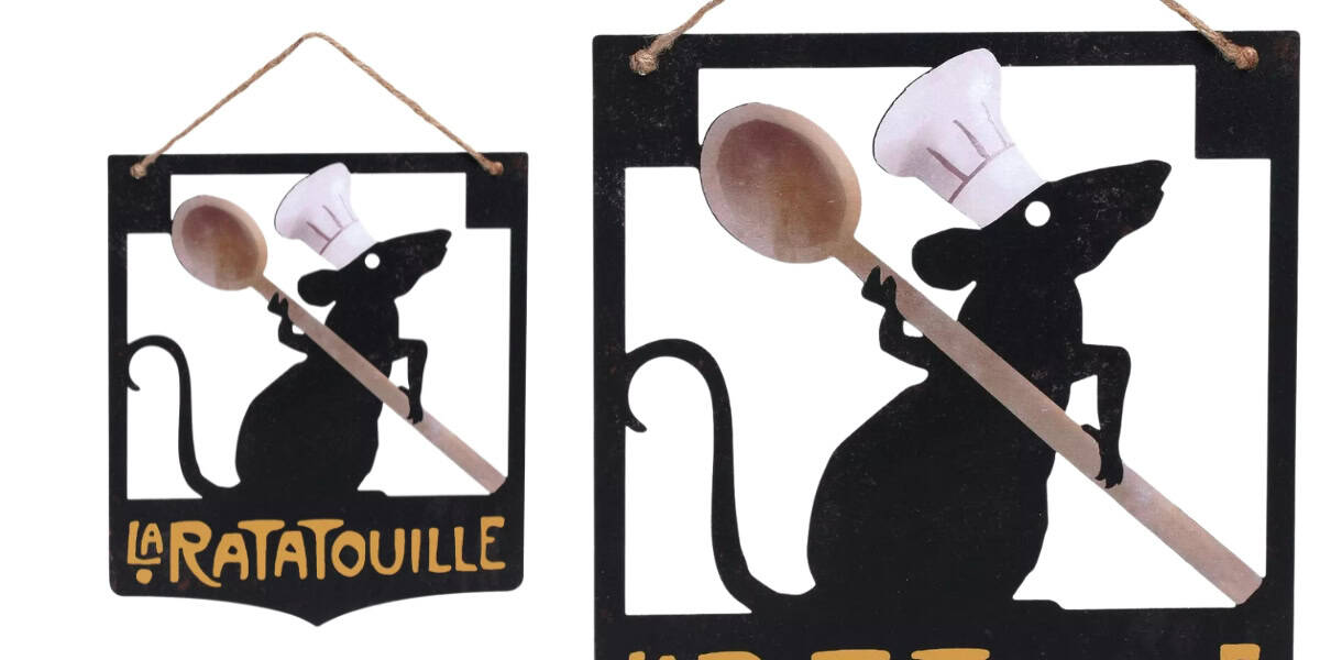 A decorative sign featuring a silhouette of a rat wearing a chef's hat and holding a wooden spoon. The sign has the text "La Ratatouille" at the bottom. The sign is suspended by a rope at the top.