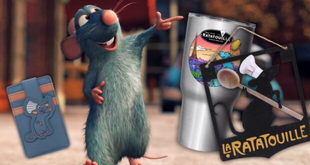 A smiling animated rat appears beside merchandise, including a phone case with a rat illustration, a tumbler featuring a colorful city scene with "Ratatouille," and a black silhouette cutout with a spoon and chef hat, labeled "La Ratatouille.