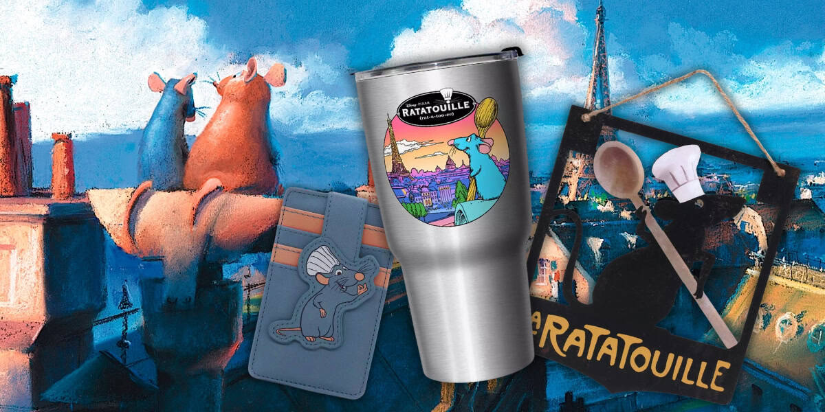 A collection of "Ratatouille" themed merchandise including a tumbler with a colorful sticker, a wallet with a rat design, and a kitchen-themed artwork with a wooden spoon, all set against a backdrop of Paris rooftops.