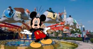 Shocked Mickey Mouse in front of Dumbo the Flying Elephant at Shanghai Disneyland