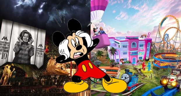 Queue area for Universal's new 'Harry Potter' ride (left), concept art for Mattel Adventure Park (right), and a shocked Mickey Mouse on top
