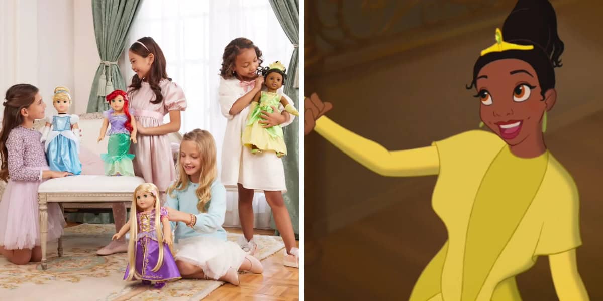 A group of five children play with dolls, including several Disney princesses, in a brightly lit room. On the right, an animated princess in a yellow dress smiles with her arm raised.