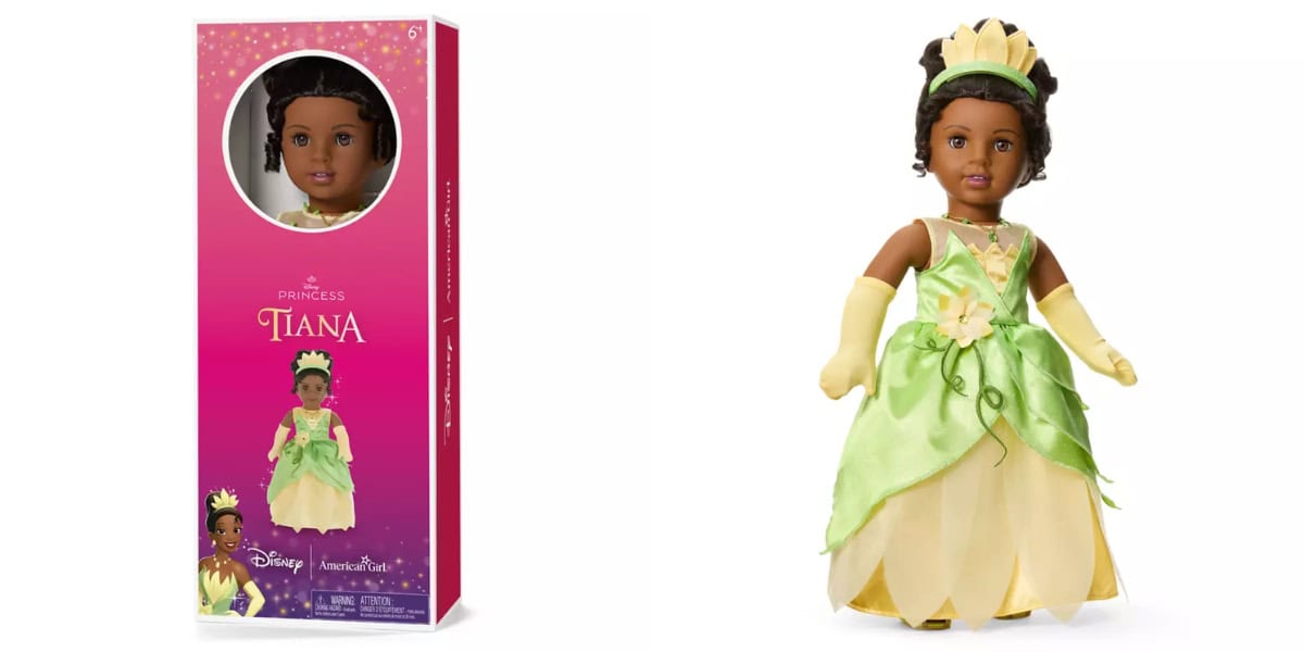 Doll of Princess Tiana from Disney's "The Princess and the Frog," wearing a green and yellow gown with a tiara. The image shows the doll in its packaging on the left and standing outside the box on the right.