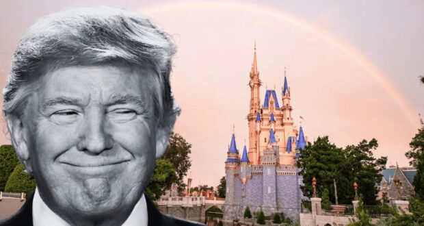 A grayscale image of Donald Trump smiling in front of a colorful image of Cinderella Castle at Walt Disney World Resort.