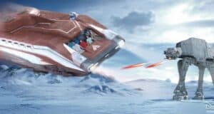 A Starspeeder flies over Hoth