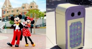 Mickey and Minnie Mouse pose happily in front of a Disney-style building. On the right, a colorful trash can with a purple and green diamond pattern stands on a sunny pavement at Hong Kong Disneyland.