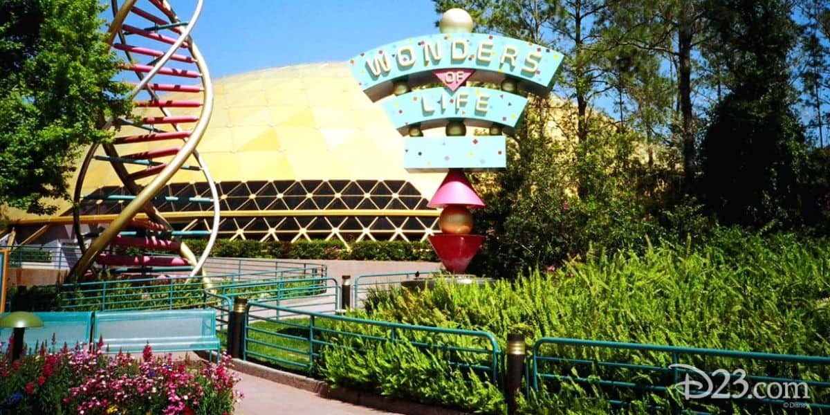 A historic photo of the entrance to the Wonders of Life pavilion. 