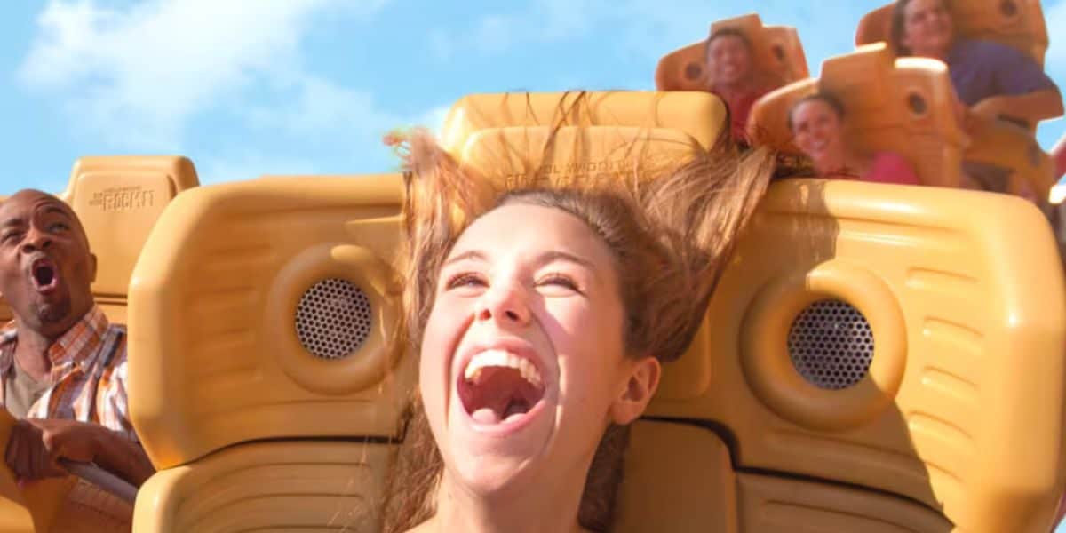 Riders screaming on Hollywood Rip Ride Rockit.