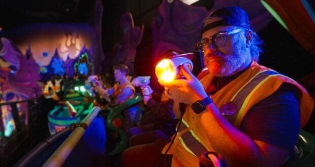 Walt Disney Imagineers testing new astro-blasters on Buzz Lightyear's Space Ranger Spin.