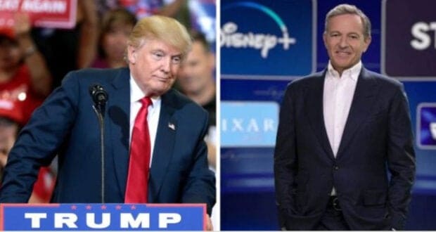 Left: Donald Trump at a podium. Right: Bob Iger in front of the Disney+ logo. Disney recently defended its DEI practices.