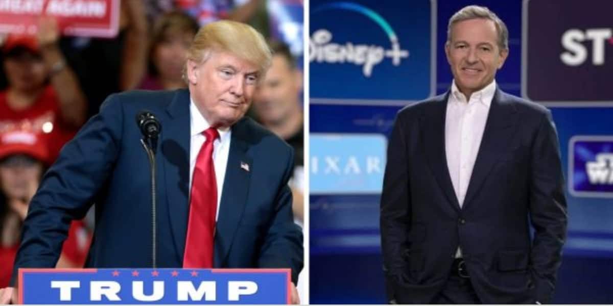 Left: Donald Trump at a podium. Right: Bob Iger in front of the Disney+ logo. Disney recently defended its DEI practices.