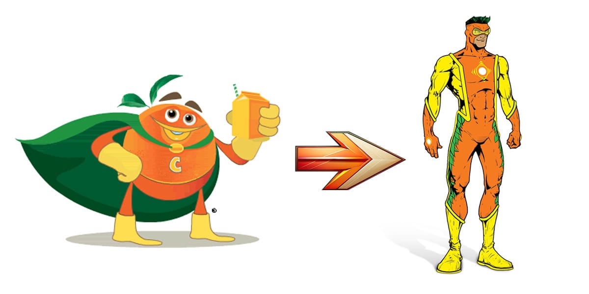 A cartoon citrus superhero holding a juice box stands on the left, wearing a cape and boots. An orange arrow points to a more muscular superhero version on the right, dressed in a sleek orange and yellow suit with a glowing emblem.