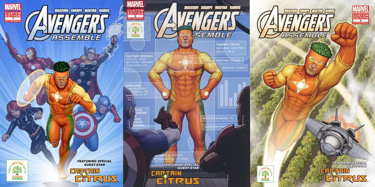 Three comic book covers featuring Captain Citrus, a muscular superhero in an orange suit with a citrus emblem. He poses confidently in the center, surrounded by Avengers characters. The background varies slightly in color and design on each cover.