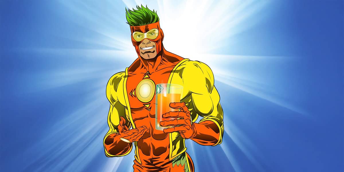 A superhero with green hair in an orange and yellow suit holding a glass of fruit juice. He has a glowing emblem on his chest and stands against a radiant blue background.