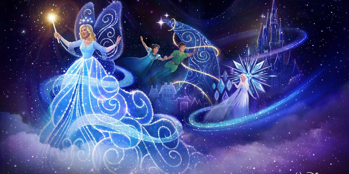The Disney Starlight parade led by the Blue Fairy in concept art from Walt Disney World Resort.