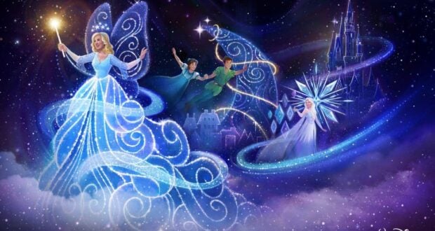 A magical scene with Cinderella's fairy godmother holding a glowing wand, Peter Pan, Wendy, and Tinker Bell flying, and Elsa casting ice magic, all set against a starry sky with a castle in the background.
